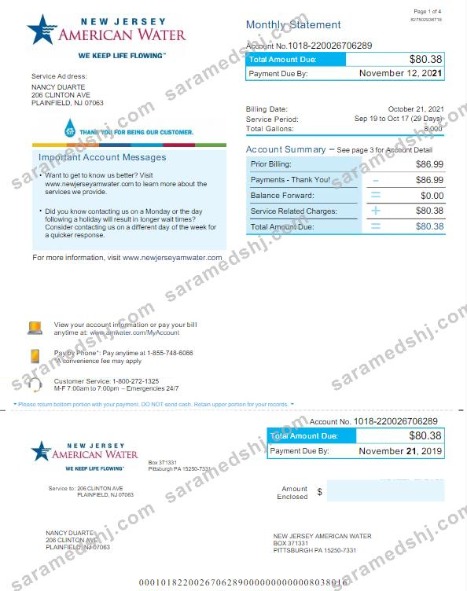 USA NEW JERSEY AMERICAN WATER utility bill Word and PDF template